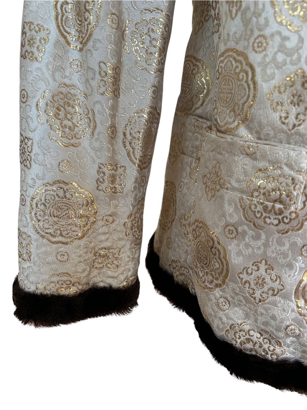 Gorgeous Asian Brocade Jacket Faux Fur Trim Mandarin Collar Size Small - Picture 7 of 14
